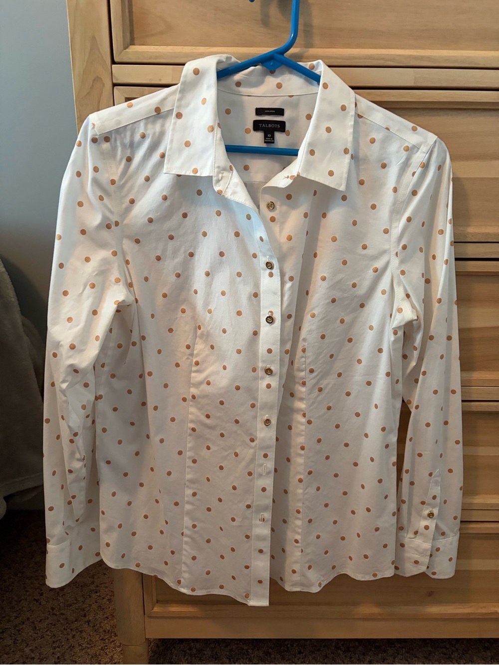 Talbots White Button-Down Perfect Shirt with Gold Polka Dots